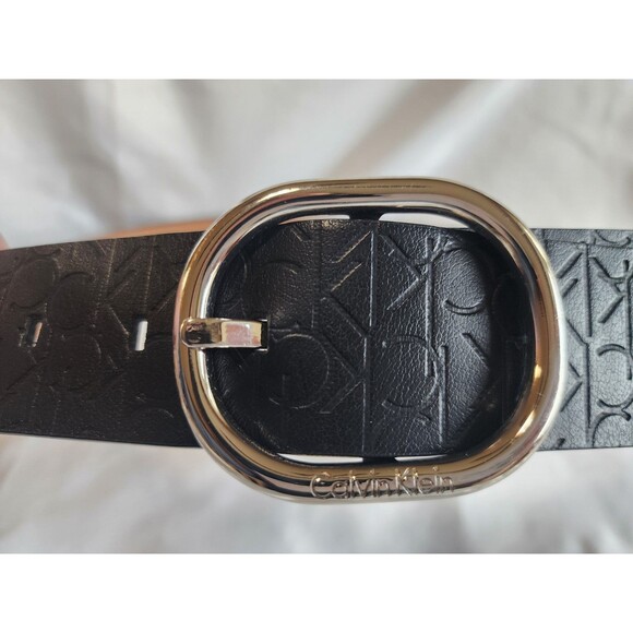 Calvin Klein Womens Black Embossed Logo Belt Silver Buckle Faux Leather Sz Small - Picture 2 of 15